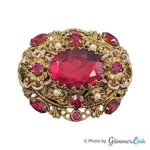 Vintage 1960s Germany Ornate Oval Ruby Glass Domed Filigree Gold Tone Brooch Pin
